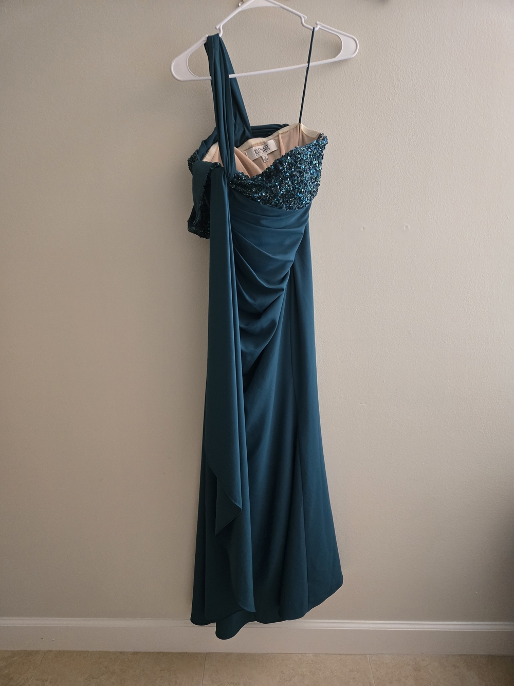 Badgley Mischka Teal Green One-Shoulder Beaded Maxi Dress